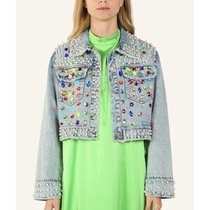 Women Denim Jacket Coat Pearls Colored Beaded Crystal Rhinestone Size M Blue